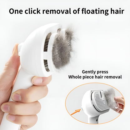Hair removal device with hair being removed, labeled 'One click removal of floating hair' and 'Gently press Whole piece hair removal'.