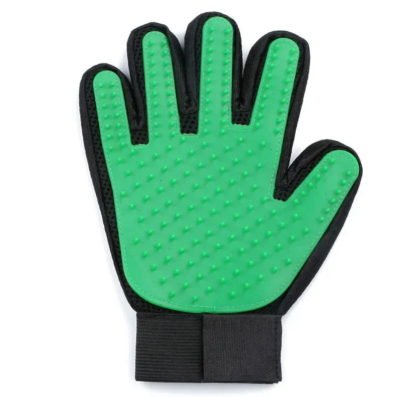 Green grooming glove with black accents on a white background