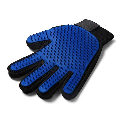 Blue grooming glove with black accents on a white background