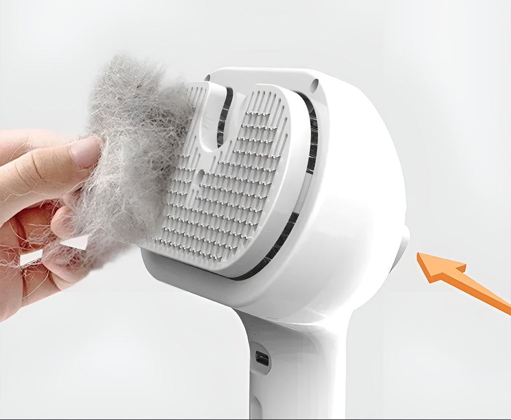 White pet hair remover with fur collected on it against a white background