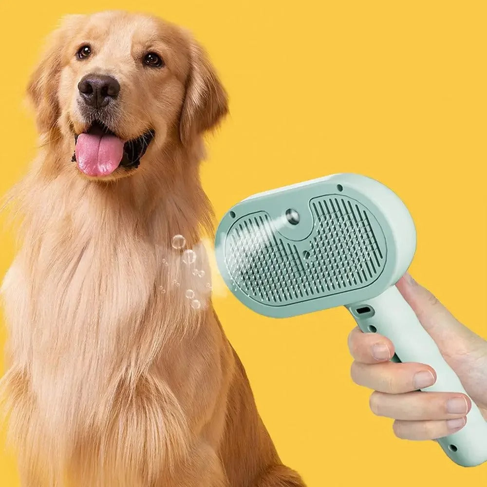 Dog with a grooming brush on a yellow background